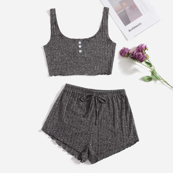 

Button Front Tank Top & Lettuce Trim Shorts PJ Set, Dark grey