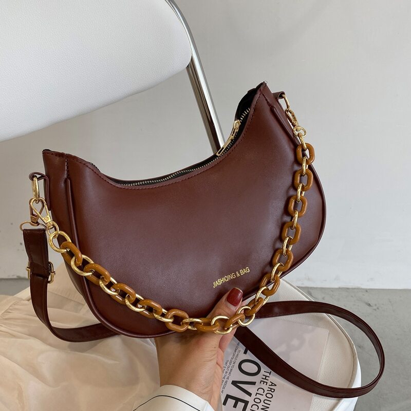 

Chain Decor Baguette Bag, Brown