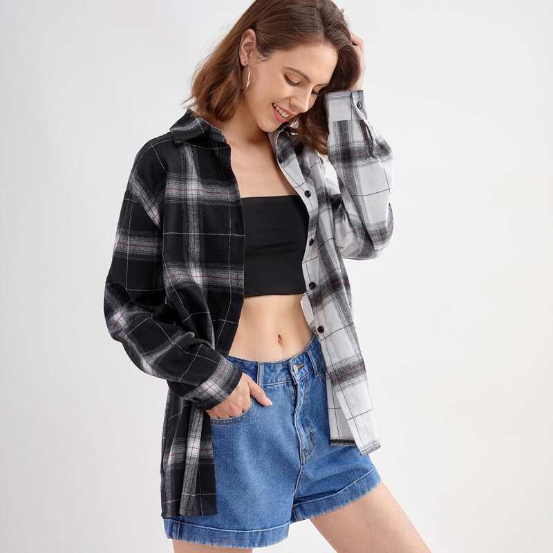 

Two Tone Plaid Button Front Blouse, Black and white