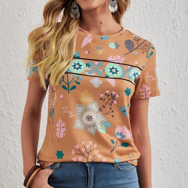 

Floral Short Sleeve Tee, Coral orange