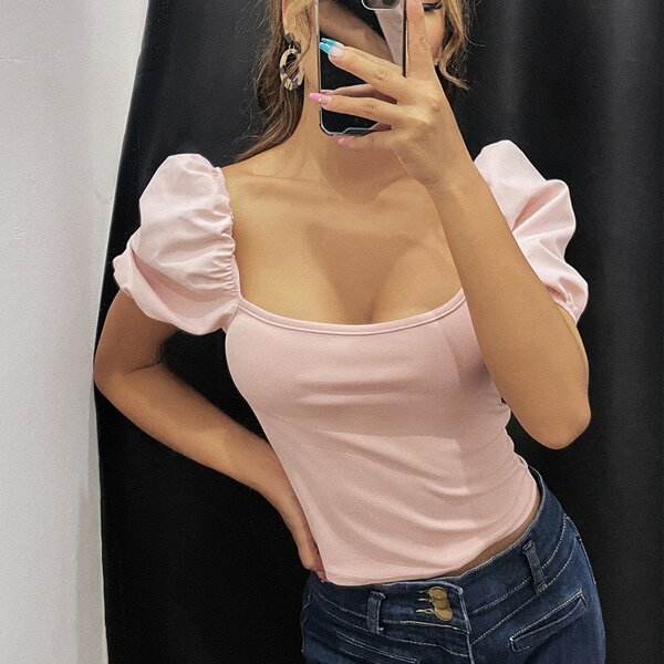 

Solid Puff Sleeve Top, Baby pink