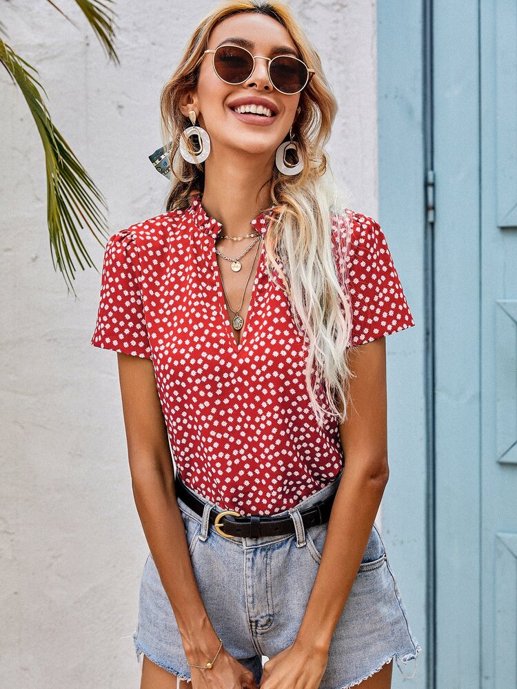 SHEIN Frenchy Blusas floral de margarita Bohemio - Rojo - Añade 1