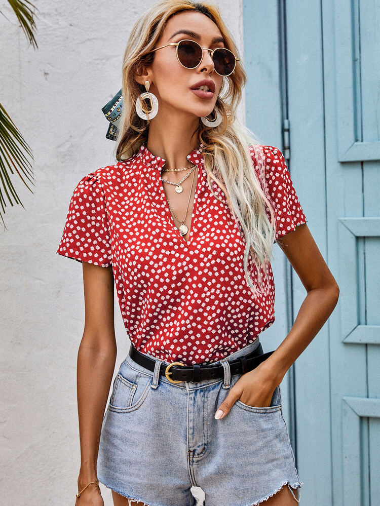 SHEIN Frenchy Blusas floral de margarita Bohemio - Rojo - Añade 3