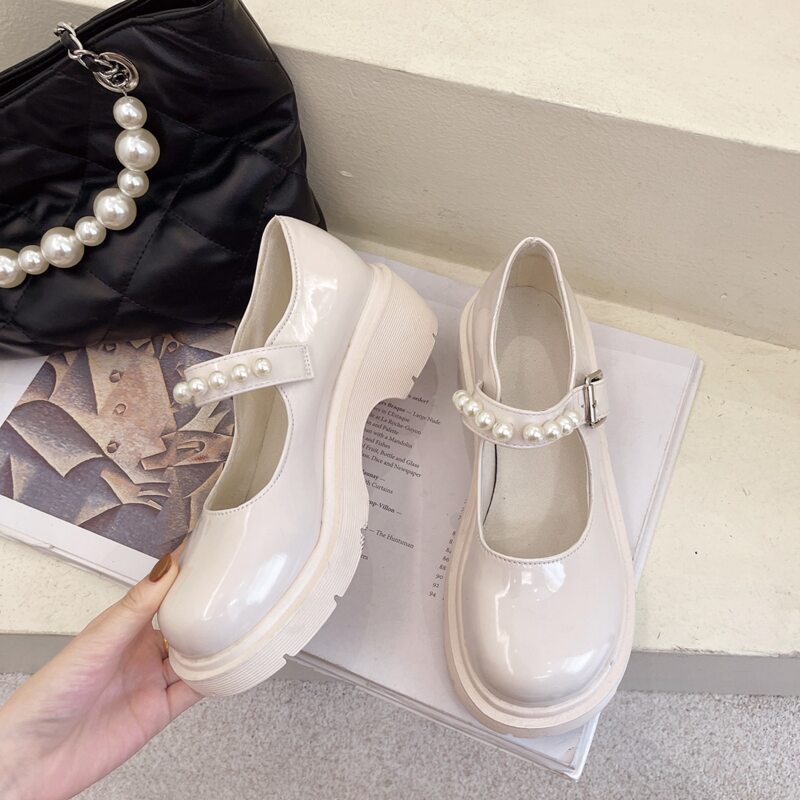 

Faux Pearl Strap Chunky Heeled Mary Jane Pumps, Beige