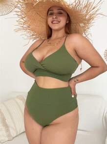 SHEIN Swim Curve Conjunto de bikini con nudo en la espalda de textura, para talla grande, verano y playa - Verde militar - Ver 3