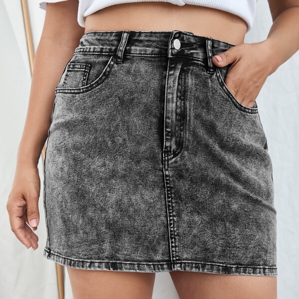 

Plus High Waist Straight Denim Skirt, Dark grey