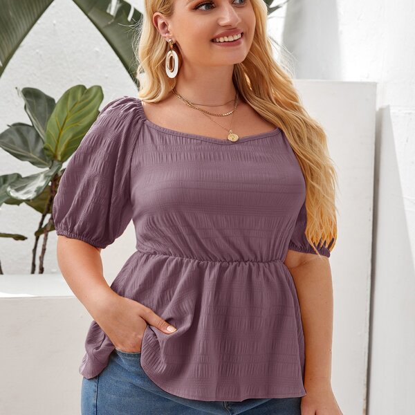 

Plus Puff Sleeve Peplum Blouse, Mauve purple