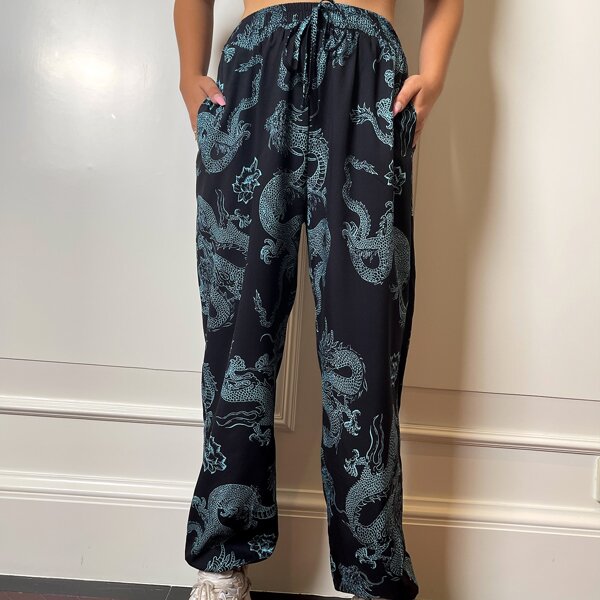 

Chinese Dragon Print Sweatpants, Black