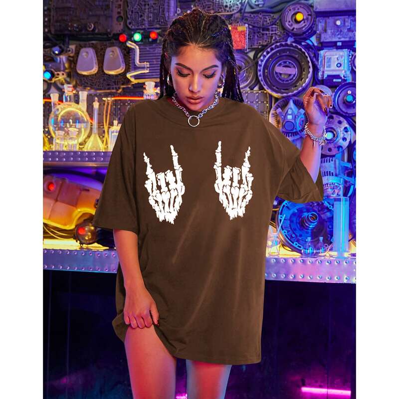 

Skeleton Hand Print Oversized Tee, Coffee brown