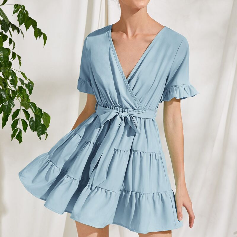 

Solid Belted Dress, Baby blue