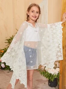 SHEIN Girls Batwing Sleeve Embroidery Mesh Sheer Cover Up - White - View 1