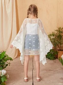 SHEIN Girls Batwing Sleeve Embroidery Mesh Sheer Cover Up - White - View 4