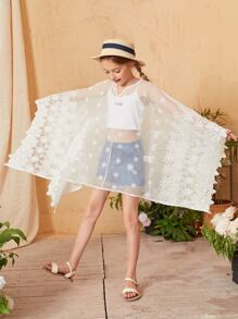 SHEIN Girls Batwing Sleeve Embroidery Mesh Sheer Cover Up - White - View 2