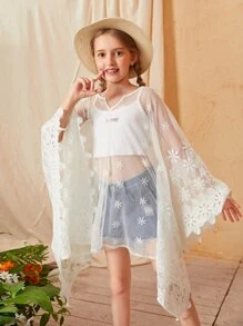 SHEIN Girls Batwing Sleeve Embroidery Mesh Sheer Cover Up - White - View 3