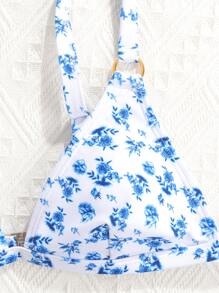 Swim Vcay بكيني مثلث مربوط بحلقة بطبعات زهور في أسلوب ديتزي للنساء في الصيف والشاطئ - ازرق وابيض - مشاهدة 4