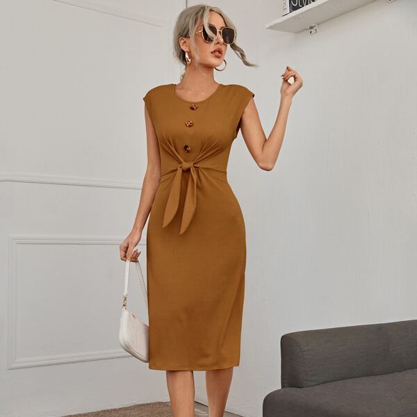 

Solid Button Detail Tie Front Dress, Khaki