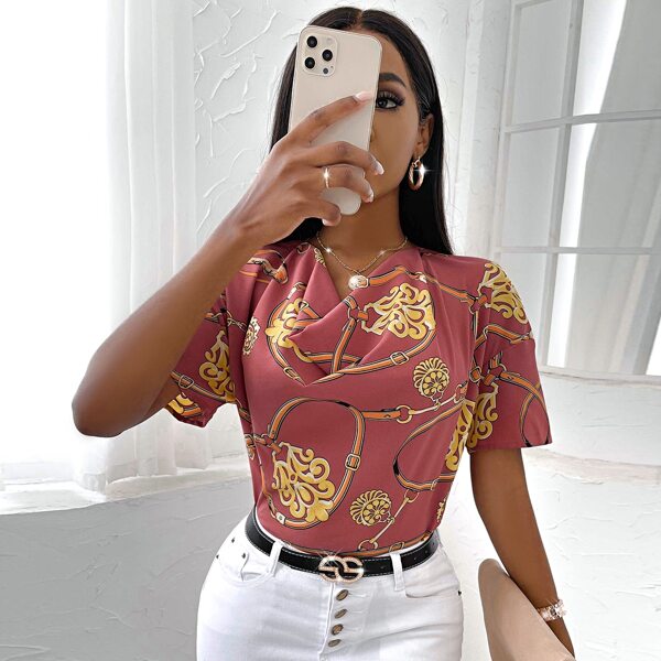 

Chain Print Cowl Neck Blouse, Dusty pink