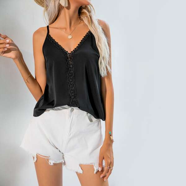 

Lace Panel Cami Top, Black