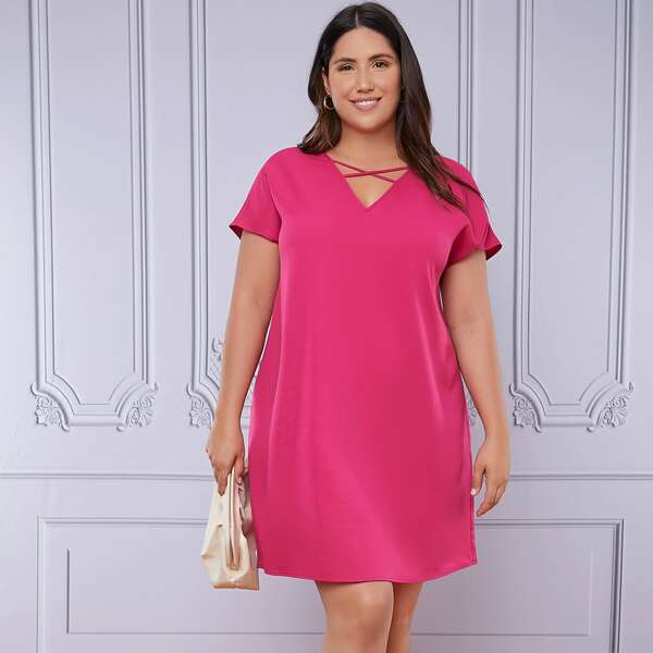 

Plus Crisscross V-neck Solid Dress, Hot pink