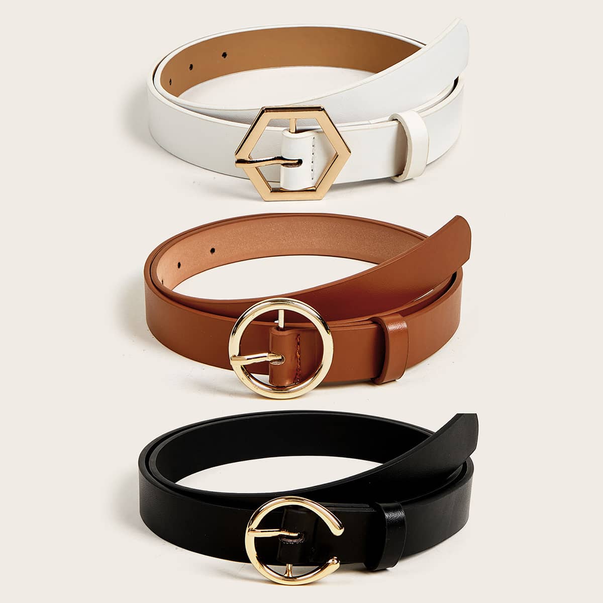 

3pcs Metal Buckle Belt, Multicolor