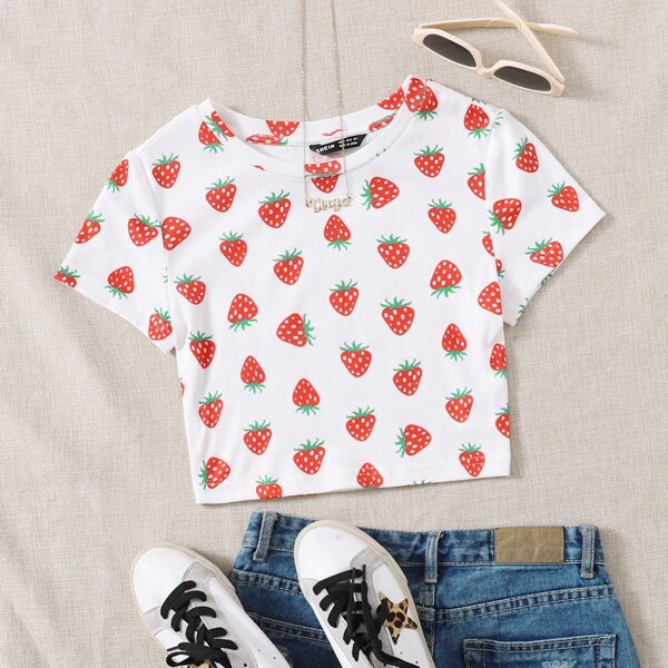 

Strawberry Print Crop Tee, Multicolor