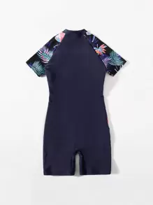 Tween Girl Plant Print Zip Front One Piece Swimsuit - Navy Blue - View 2