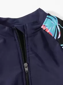 Tween Girl Plant Print Zip Front One Piece Swimsuit - Navy Blue - View 3