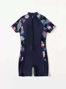 Tween Girl Plant Print Zip Front One Piece Swimsuit - Navy Blue - View 4