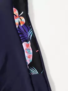 Tween Girl Plant Print Zip Front One Piece Swimsuit - Navy Blue - View 5