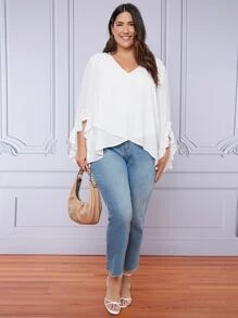 SHEIN Clasi Plus Flounce Sleeve Cross Wrap Top - White - View 1