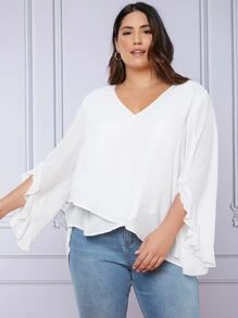 SHEIN Clasi Plus Flounce Sleeve Cross Wrap Top - White - View 3
