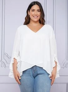 SHEIN Clasi Plus Flounce Sleeve Cross Wrap Top - White - View 5