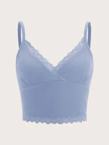 SHEIN EZwear 拼接蕾絲短版吊帶上衣 - 藍色 - 查看 1