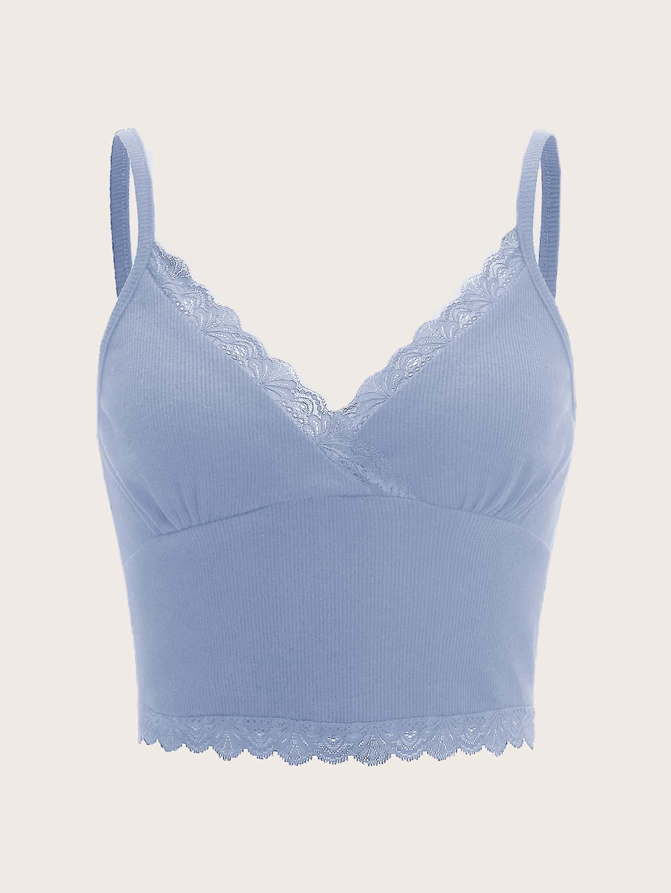 SHEIN EZwear 拼接蕾絲短版吊帶上衣 - 藍色 - 查看 1