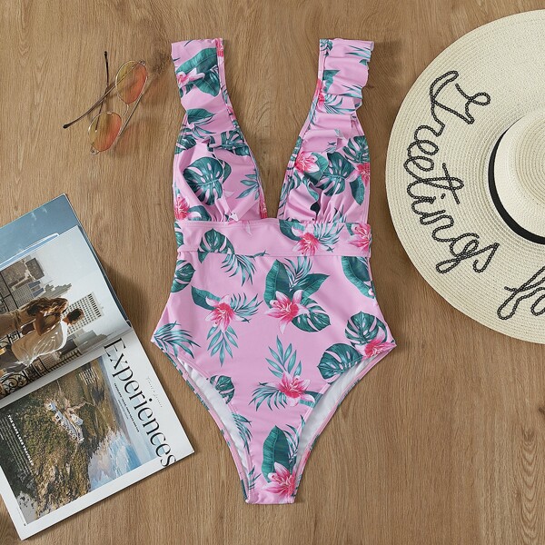 

Tropical Random Print Ruffle Plunging One Piece Swimsuit, Multicolor