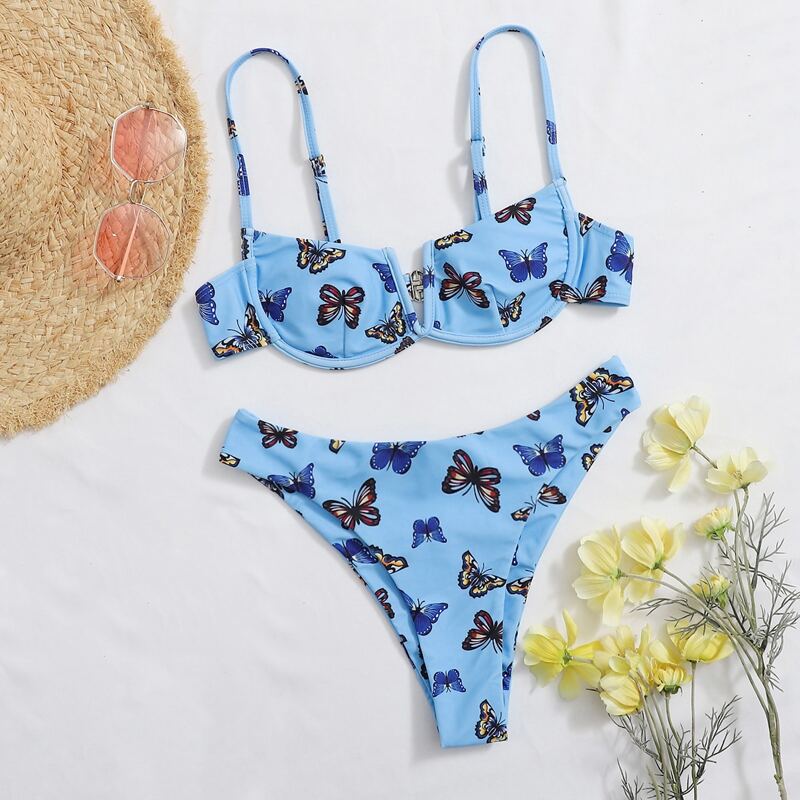 

Butterfly Print V Wired Underwire Bikini Swimsuit, Blue