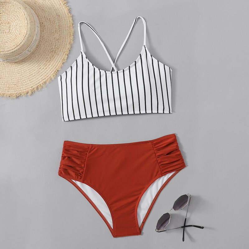

Striped Ruched Bikini Swimsuit, Multicolor