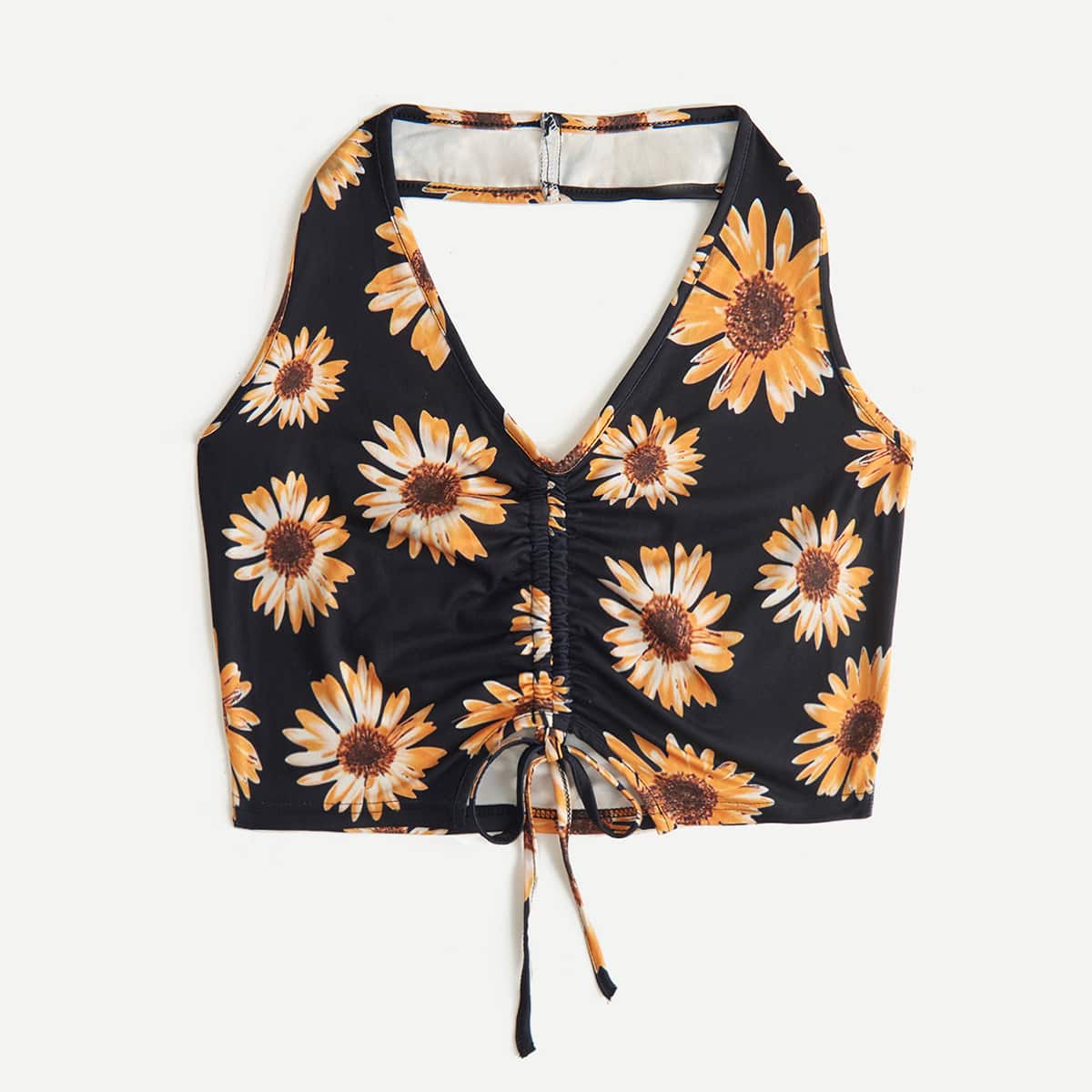 

Sunflower Print Drawstring Halter Top, Black