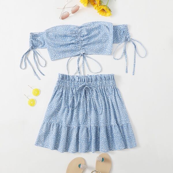 

Plus Ditsy Floral Drawstring Crop Bardot Top With Skirt, Baby blue