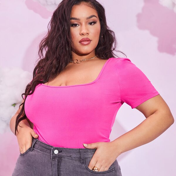 

Plus Square Neck Rib-knit Tee Bodysuit, Hot pink