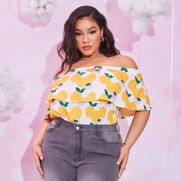 

Plus Orange Print Off The Shoulder Top, Multicolor