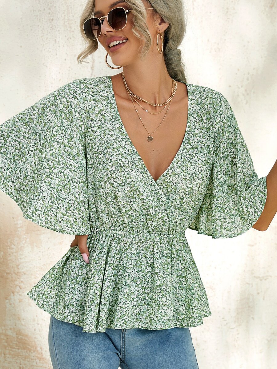 SHEIN Ditsy Floral Flutter Sleeve Peplum Top - Multicolor - View 1