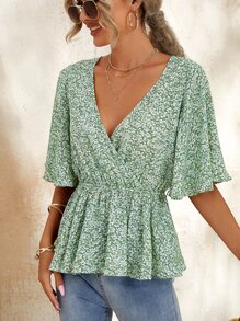 SHEIN Ditsy Floral Flutter Sleeve Peplum Top - Multicolor - View 3