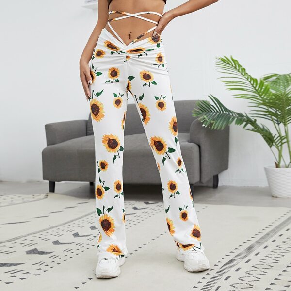 

Lace Up Sunflower Print Pants, Multicolor