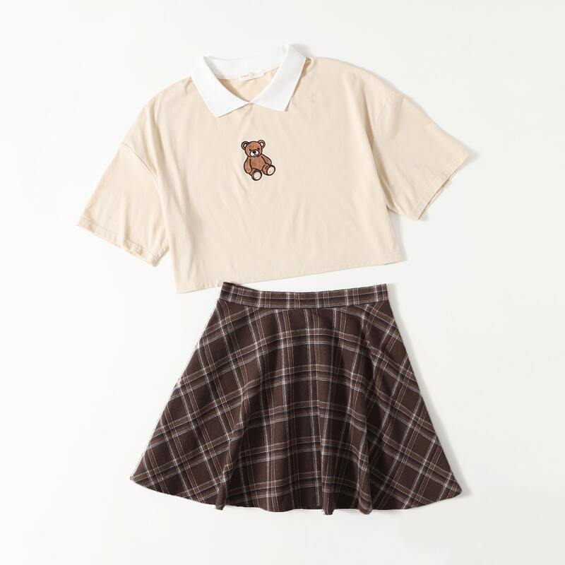 

Cartoon Bear Graphic Tee & Plaid Skirt, Multicolor