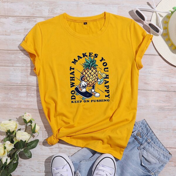 

Pineapple And Slogan Graphic Tee, Yellow