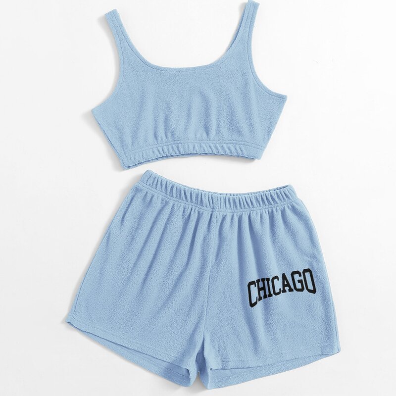 

Solid Tank Top & Letter Shorts, Blue