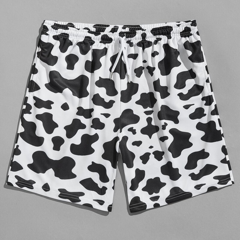 

Guys Cow Print Drawstring Shorts, Black and white