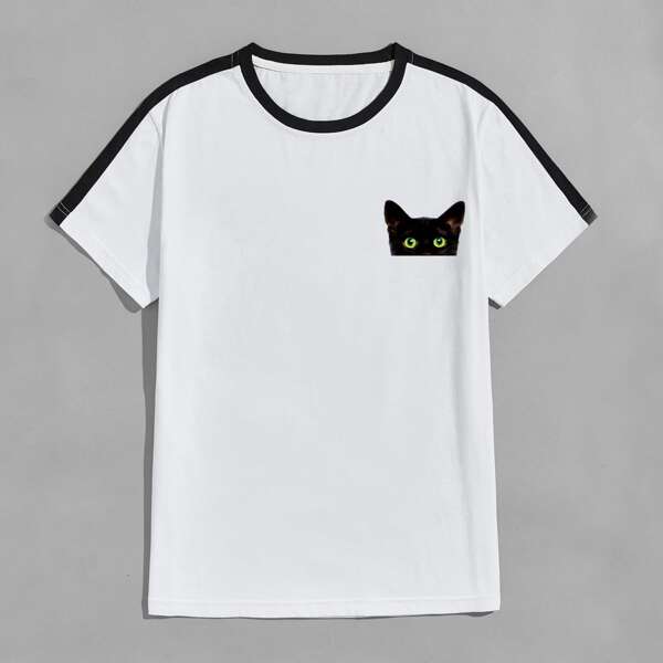 

Men Cat Print Contrast Binding Tee, White