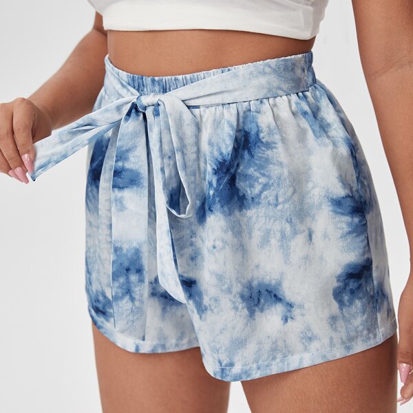 

Plus Tie Dye Tie Front Shorts, Blue and white